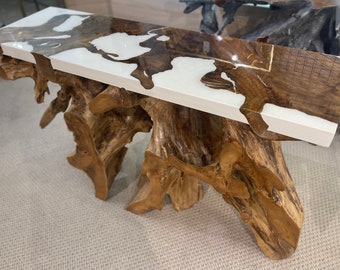 Teak Root Console Table w/ Epoxy Resin Live Edge Teak Driftwood Sofa Table Organic Teak Furniture