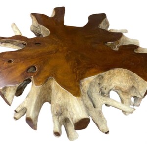 May include: A unique, handcrafted coffee table made from natural wood. The table features a dark brown, polished top with a distinctive, organic shape. The base is made of light-colored, exposed roots, creating a striking contrast.