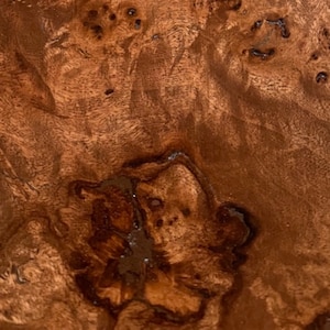 May include: Close-up of a wood grain surface with a rich brown colour and a darker brown swirl pattern.