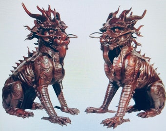 Set of 2 Large Bronze Foo Dogs Asian Sculptures Guard Dog Statues Feng Shui Art Fu Dogs Halloween Decor