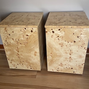 Set of 2 Custom Made to Order Burl Wood Cube Storage Cabinet Nightstand End Table Side Table Record Cabinet Made in USA