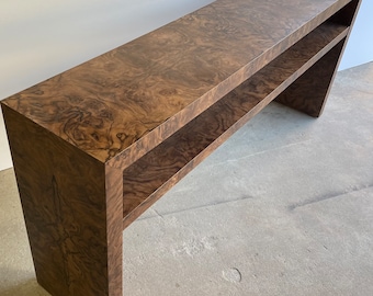 Custom Burl Wood Console Table: Modern Sofa Table, Made in USA