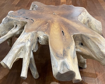 Large Round Teak Root Coffee Table: Live Edge Driftwood Accent