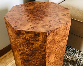 One of a Kind Burl Wood Octagon Pedestal End Table Geometric Cube Side Table Modern Furniture Made in USA