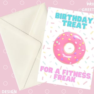 Fitness verjaardagskaart | Donut verjaardagskaart | Fitness meisje verjaardagskaart | Roze verjaardagskaart | Afdrukbare verjaardagskaart