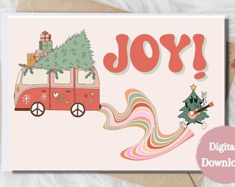 May include: A pink Christmas card with a retro-style illustration of a van carrying a Christmas tree and the word "JOY!" in large, colorful letters. A smaller Christmas tree character plays a guitar in the background.
