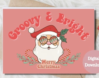 Groovy and Bright 70s Retro Card, Vintage Cool Santa Christmas,Instant download, printable 7x5 card, holidays card, xmas 2022,greetings card