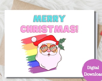 May include: A digital download card with a cartoon Santa Claus wearing rainbow-colored sunglasses and a Santa hat. The text "Merry Christmas!" is written in pink and blue letters.