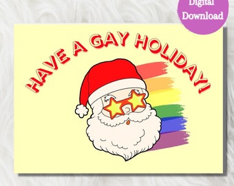 LGBTQ Gay Holiday Colorful Groovy Christmas, Gay Greeting Card, Funny Santa Xmas, 70s retro christmas, instant download, printable, 7x5 card