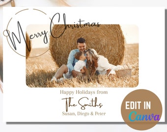 Editable Photo Boho Christmas Card, Holiday Template Card, Minimalist Printable Card, instant download, canva template, digital card, 5x7