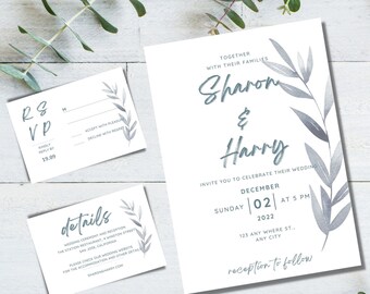 Blue Dusty Botanical Wedding Invitation Set, Floral watercolor Wedding Invite, Rustic Blue Botanical Wedding Invitation, Editable Template