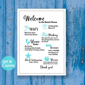 Airbnb Welcome Poster, Vacation Rental Sign, Beach House Rules Template, Guest Arrival Poster Printable ,VRBO Info Sheet,Ocean Seaside Canva