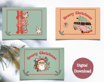 Bundle 3 Cards ,Groovy Retro Christmas Card, Download Print ,Cut ,Fun Foldable for 7x5 inch, Christmas 2022