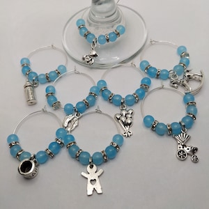 Light Blue Baby Shower Themed Wine Glass Charms Party Favors Gifts - Set of 8