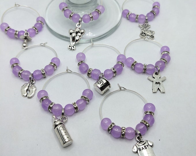 Light Purple Baby Shower Themed Wine Glass Charms Party Favors Gifts Sipandsee Set of 8 Etsy