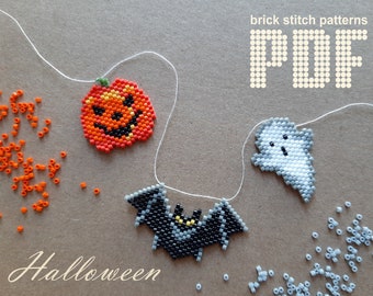 Halloween beading patterns, Halloween garland, Pumpkin, Spooky ghost, Bat, Brick stitch pattern, Beadwork pattern, Digital download PDF file