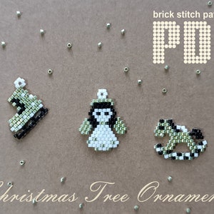 May include: Three beaded Christmas tree ornaments, a green and white ice skate, a white angel with black hair, and a green and white rocking horse. The ornaments are on a brown background with the text "brick stitch patterns PDF" and "Christmas Tree Ornaments".