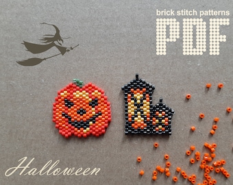 May include: Two Halloween-themed brick stitch patterns, a pumpkin and a haunted house, are shown on a brown background. The patterns are made with orange, yellow, black, and white beads. The words "brick stitch patterns" and "PDF" are written in white text above the patterns. The word "Halloween" is written in white text below the patterns.