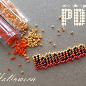 May include: A close-up of a Halloween beading project with orange, yellow, and black beads. The beads are arranged in the word "Halloween" and are surrounded by loose beads. The image also includes the text "brick stitch pattern PDF".