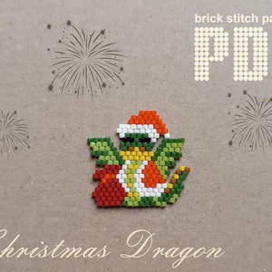 May include: A Christmas dragon bead sprite pattern in PDF format. The dragon is green, red, white, and yellow. The dragon is wearing a Santa hat. The pattern is for brick stitch.
