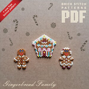 May include: Gingerbread Family brick stitch beading patterns. The patterns include a gingerbread house, a gingerbread man, and a gingerbread woman. The patterns are in PDF format.  BRICK STITCH PATTERNS PDF.