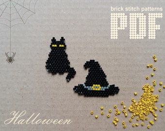 May include: Black cat and witch hat bead patterns for Halloween. Brick stitch patterns PDF.