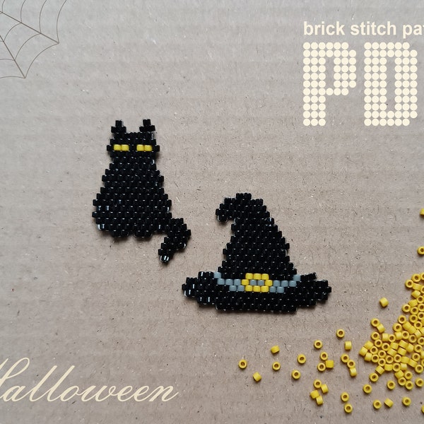 Beaded black cat PDF Beading pattern Brick stitch Halloween Tutorial beading Black cat bead embroidery Seed bead patterns