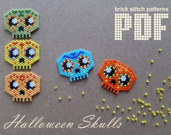 May include: Four colorful beaded skull patterns for brick stitch embroidery. The skulls are in shades of green, yellow, blue, and orange. The image also includes a pile of yellow beads and the text "brick stitch patterns PDF".