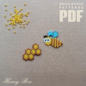May include: A bead pattern for a honey bee and honeycomb, with the words "Honey Bee" and "BRICK STITCH PATTERNS PDF" on a brown background.