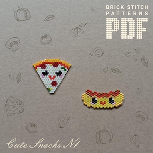 Brick stitch pattern set PDF for beading with Miyuki Delica beads, Beaded Pizza pattern, Beaded Hot Dog pattern, Kawaii bead patterns