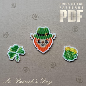 May include: Three bead sprite patterns for St. Patrick's Day. A green leprechaun with a green hat and orange beard, a green four-leaf clover, and a green beer mug with a yellow top.