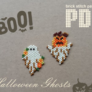 May include: Two Halloween ghost beading patterns, one with a pumpkin face and the other with a simple ghost face. The patterns are labeled "Halloween Ghosts" and "PDF" with the text "brick stitch patterns".
