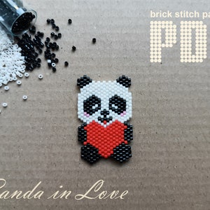 May include: A beaded panda design with a red heart, black and white beads, and the text "Panda in Love." The image also includes the text "brick stitch pattern PDF."