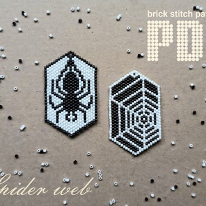 May include: Two black and white bead patterns for a spider and spider web. The patterns are labelled "brick stitch patterns PDF".