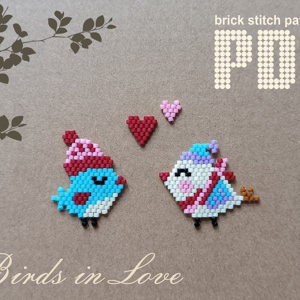 Birds in Love Brick stitch beading pattern PDF Beaded heart Beaded bird Seed bead patterns