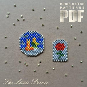 May include: Two brick stitch bead patterns, one of a fox and a little prince in a night sky, and the other of a red rose with green leaves. The patterns are labeled "Brick Stitch Patterns PDF".