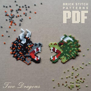 May include: Two beaded dragon designs, one black and orange, the other green and brown, with the text "Two Dragons" and "Brick Stitch Patterns PDF" below.
