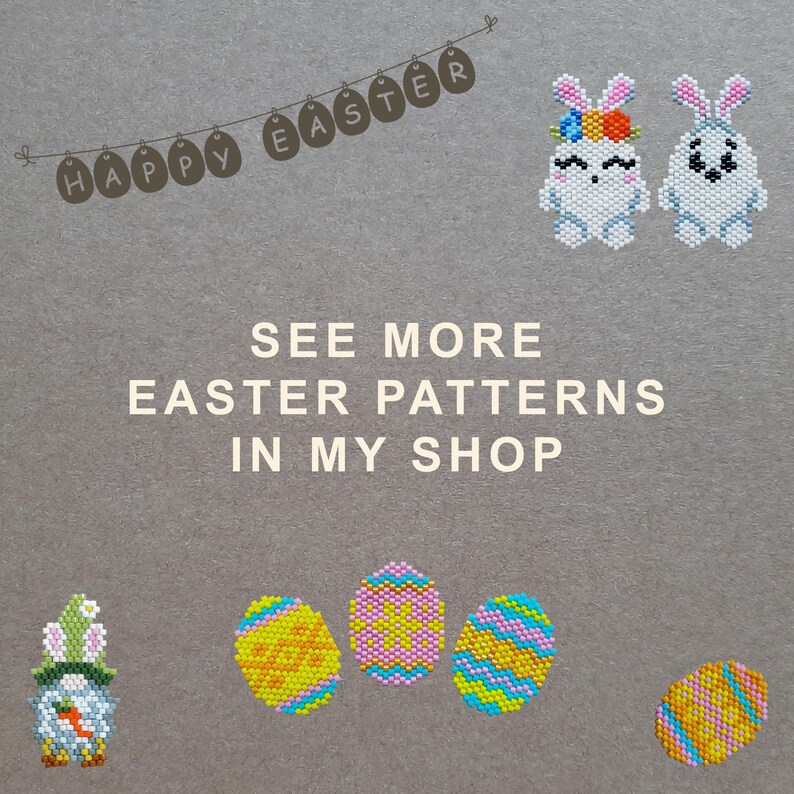 K&ouml;nnte beinhalten: Ein Set mit Perlenmustern f&uuml;r Ostern mit Hasen, Eiern und einem Banner mit der Aufschrift "Frohe Ostern". Die Muster sind in meinem Shop erh&auml;ltlich.