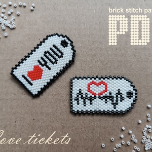 May include: Two white and black beaded keychains with red hearts. The first keychain says "I love you" and the second keychain has a heart beat symbol. The keychains are on a brown background with white beads scattered around them. The text "Love tickets" is written in cursive at the bottom of the image. The text "brick stitch patterns PDF" is written in white letters on a beige background at the top of the image.