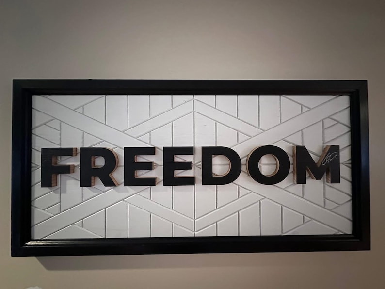 Puede incluir: Una obra de arte mural rectangular con la palabra "FREEDOM" en letras negras tridimensionales. Las letras est&aacute;n montadas sobre un fondo blanco con un patr&oacute;n geom&eacute;trico, enmarcado en negro.