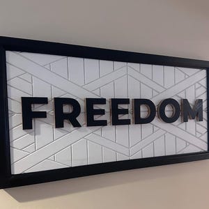 Puede incluir: Una obra de arte enmarcada con la palabra "FREEDOM" en letras negras y en negrita. Las letras est&aacute;n en relieve sobre un fondo blanco con un patr&oacute;n geom&eacute;trico. El marco es negro.
