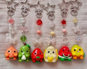 Handmade Chubby Fruit Keychains – Cute Polymer Clay Charms | Banana, Strawberry, Peach, Pear, Mango & Watermelon | Kawaii Gift