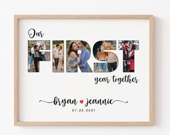 May include: A digital printable photo collage with the word "FIRST" spelled out in large letters. Each letter is made up of a different photo of a couple. The text "Our First Year Together" is below the word "FIRST". The names "bryan jeannie" and the date "07.20.2021" are below the text. The text "@collagearchive" is at the bottom of the collage.