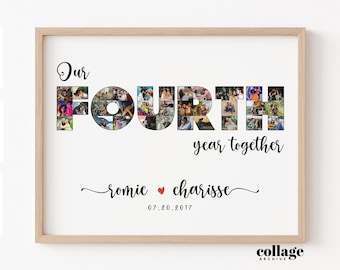 May include: A framed photo collage celebrating a fourth anniversary. The word "FOURTH" is filled with multiple photos. The names "romie" and "charisse" are below the text, along with the date 07.20.2017. The words "33 PHOTOS", "WE EDIT, YOU PRINT", and "DIGITAL DOWNLOAD ONLY" are on the left.