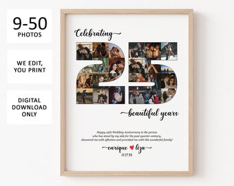 Collage de fotos con números para el 25.º aniversario de padres, regalo para el 25.º aniversario de bodas de pareja, collage de fotos para el 25.º aniversario.