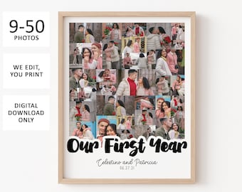 以下が含まれることがあります： カップル50枚の写真のデジタルコラージュで、テキストは「Our First Year」、名前は「Celestino and Patricia」、日付は「06.27.21」です。