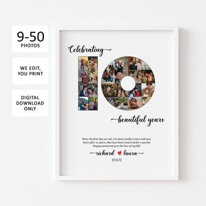 Personalized Photo 10 Year Anniversary Gifts for Wife, Number Collage 10th Anniversary Gift for Him, 10 Year Anniversary Gift for Couple
