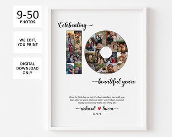 May include: A white framed print with a photo collage of a couple celebrating their 10th anniversary. The collage is in the shape of the number 10. The text "Celebrating 10 beautiful years" is below the collage. The text "Since the first day we met, I've been madly in love with you. Even after 10 years, that love hasn't wavered for a second. Happy anniversary to the love of my life!" is below the text. The text "richard laura 111513" is below the text.
