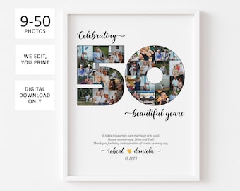 May include: A white framed photo collage celebrating 50 years of marriage. The number 50 is made up of photos of the couple and their family. The text "Celebrating 50 beautiful years" is below the collage. The text "It takes 50 years to turn marriage into gold. Happy anniversary, Mom and Dad! Thank you for being an inspiration of love to us every day. -robert daniela 09.22.73" is below the text.