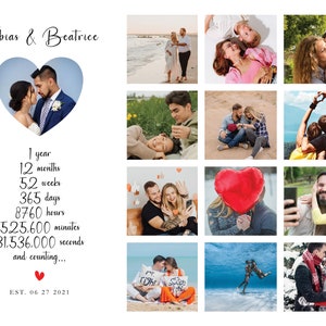 May include: A collage of photos of a couple celebrating their first anniversary. The photos show the couple in various locations and activities, including a beach, a park, and a snowy forest. The collage is decorated with a heart shape and the text "Tobias & Beatrice" and "EST. 06 27 2021".